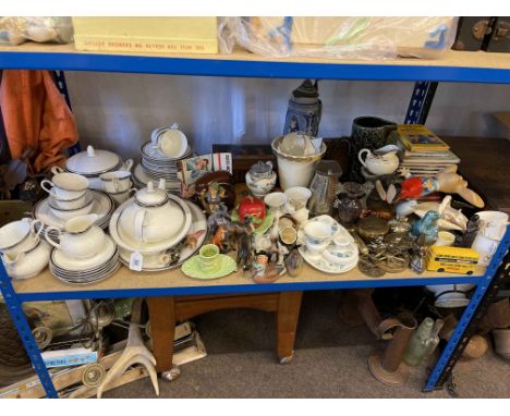Royal Doulton Sarabande, decorative vases, binoculars, figurines, stein, framed map, light fittings, vintage drawers, etc.