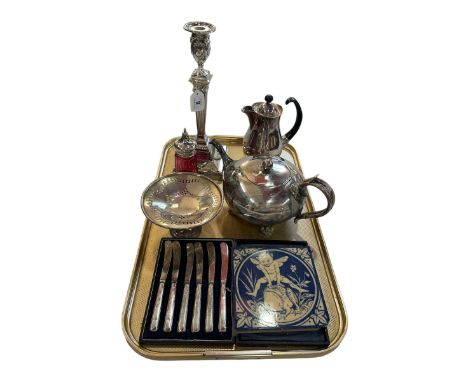 Tray lot with silver mounted ruby caster, silver handle tea knives, EPNS wares and tile.