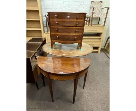 19th Century oval mahogany pedestal centre table, 19th Century mahogany demi lune fold top card table and bow front commode c