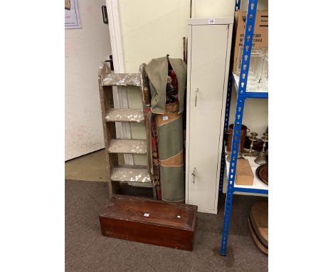 Double locking gun cabinet, vintage golf bag and clubs, fishing rods, box of tools and pair of wooden steps.