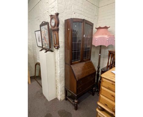 Oak leaded glazed door bureau bookcase and oak barometer (2).