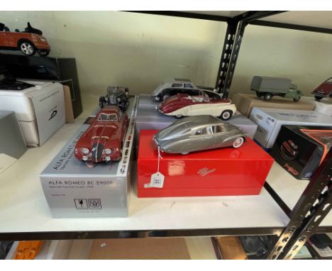Two CMC 1:18 models, Alfa 8C Special and Bugatti 57 SC, Minichamps Alfa 8C Lungo, and two CMF models, Daimler DB18 and Maybac