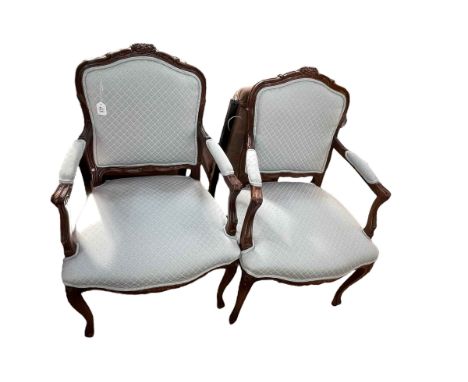 Pair French style fauteuils in light blue fabric.