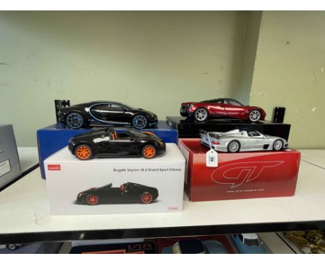 Four Super Car models, Kyosho Cheron, Rastar Veyron, Spirit Mercedes GTR and Autoart Pagani Huayria.