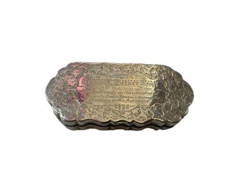 George Unite silver snuff box with engraved decoration and Blaydon-on-Tyne inscription, 9.5cm across, Birmingham 1883 (3).