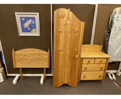 Child's light oak space themed four piece bedroom suite comprising single door wardrobe, four drawer chest, single headboard 