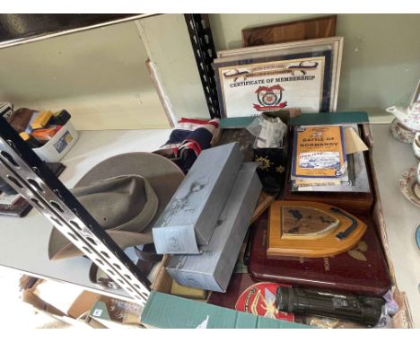 Collection of military interest including 3082 DVR W Irower R.A. War medal, badges, Union Jack flag, Australian army hat, lea