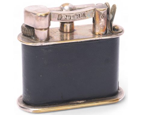 A vintage Dunhill desk lighter, silver plate with leather cover, Reg No 737418, marked Dunhill Made in EnglandWorking order, 