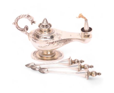 An Egyptian silver lamp/lighter in the form of a Roman lamp,  together with 3 silver plated cigar/pipe tampers, hallmarked, l