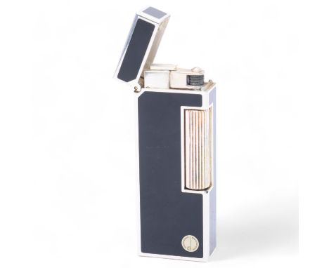 A vintage Dunhill Rollagas lighter, silver plated with black lacquer panels, makers marks to base No19433Good condition, work