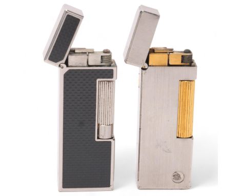 2 vintage Dunhill Rollagas lighters, crosshatched black lacquer and a silver plated and gilt model, makers marks to base, len