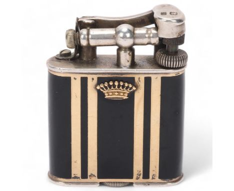 A 1929 hallmarked silver Dunhill lighter, with gilt and black lacquer body, gilt metal crown detail, Pat No 143752, makers ma
