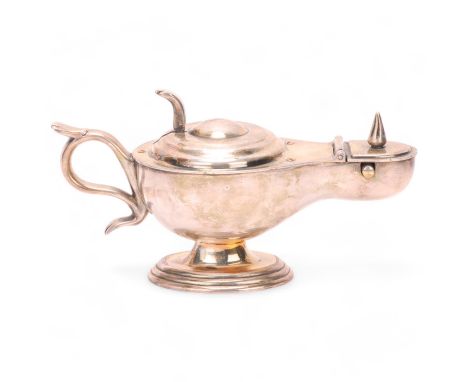 A vintage Dunhill silver plated desk lighter, in form of Roman oil lamp, Pat No 592139, marked to base Dunhill, Made in Engla