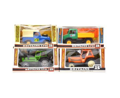 Britains Farm toy models, four including ref 9526 Deutz DX110 tractor; ref 9528 Fiat 880DT tractor; ref 9571 Land Rover 'Farm