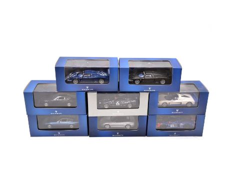 Ixo-models official Maserati licensed die-cast model cars, eight including Maserati Trofeo, no.1 Mugello 2003 livery; Maserat