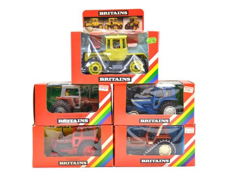 Britains Farm toy models, five including ref 9525 Mercedes-Benz tractor; ref 9527 Fiat half-track tractor; 9521 Volvo tractor