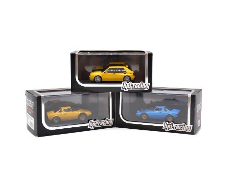 HPI-Racing die-cast model vehicles, three including ref. 986 Lancia Stratos HF Stradale, light blue body, 1:43 scale; ref. 98
