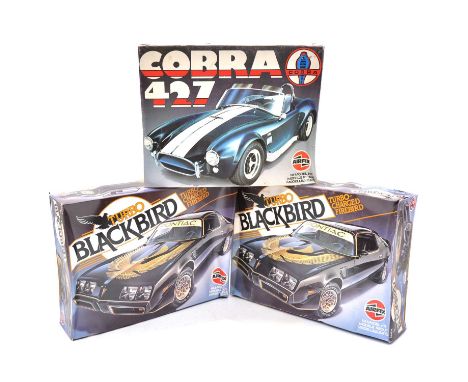 Airfix 1:16 scale model car kits, three including ref. 14404 Pontiac Turbo Blackbird (x2); ref. 14401 Shelby Cobra 427, all a