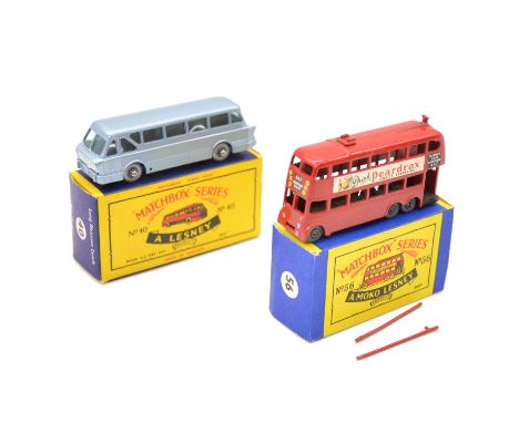 Matchbox Series die-cast models, two including ref no.40 long distance coach, silver plastic wheels; ref no.56 Trolley bus "P