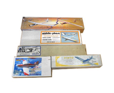 Five aero model kits, including Ace R/C 'All Star' sports biplane, 34" wing span; West Wings 'Pinto', 36" wing span; HET-R/C 