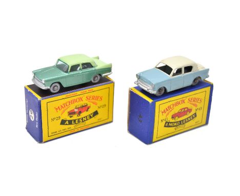 Matchbox Series die-cast models, two including ref no.43 Hillman Minx, two-tone blue/cream, metal wheels; ref no.29 Austin Ca