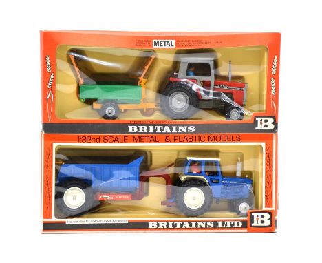 Britains Farm toy models, two including ref 9630 Ford tractor and rear dump; ref 9598 Massey Ferguson and trailer, both boxed