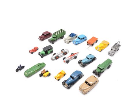 Dinky Toys die-cast models, nine-teen loose models including ref 30b Rolls Royce, open chassis and smooth hubs; AA motorcycle