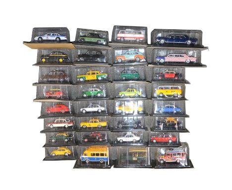 Thirty-two Altaya die-cast model vehicles, 1:43 scale including Lincoln Continental, Los Angeles 1967; Ford Fordor Sedan, Ist