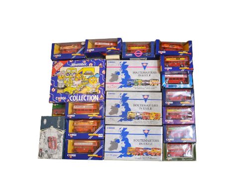 Corgi die-cast model buses, twenty including 'Routemasters in Exile' Midlands four bus set; ref CC25901 'The Connoisseur Coll