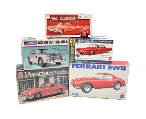 Plastic model car kits, five including AMT ref. 6003 Ford Galaxie 500, 3-in-1, 1963 hardtop, 1:25 scale; AMT ref. 6022 Mercur