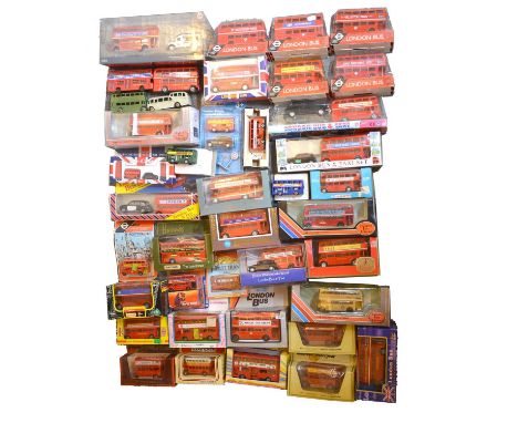 A box of die-cast model buses, including Matchbox, Lledo, Dinky and others, most boxed.Qty: 1 box