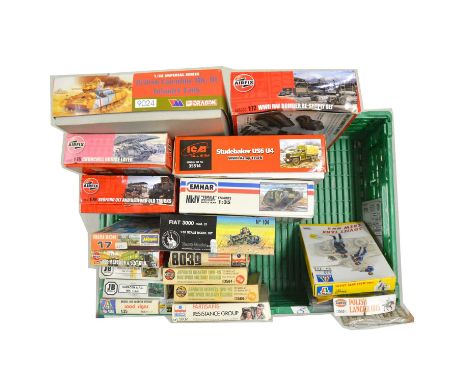 A tray containing eighteen model vehicle and military kits, including Airfix ref. A04301 Churchill bridge layer, 1/76 scale; 