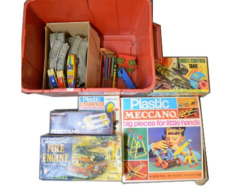 Box of toys including Marx fire engine; remote control tank; Meccano sets and others.