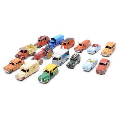 Die-cast models and vehicles, fifteen including Charbens tractor; Dinky Toys Royal Mail Van; Sunbeam Alpine racing car; Austi