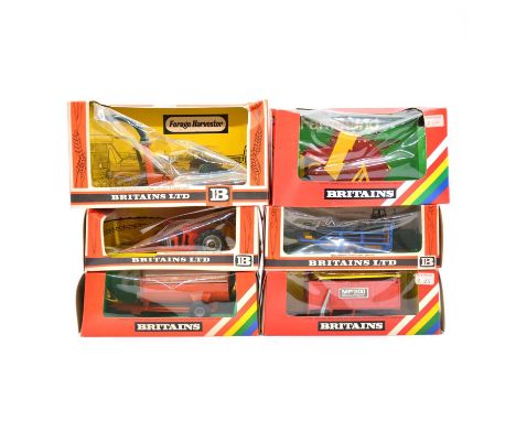 Britains Farm toy models, six including ref 9542 forage harvester; ref 9577 seed drill; ref 9568 Rotary Manure spreader; ref 