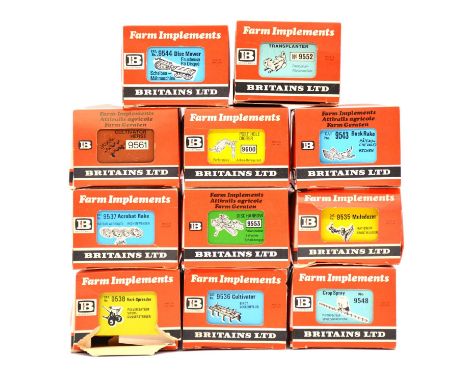 Britains Farm toy models, eleven tractor attachments, including ref 9536 cultivator; ref 9548 crop spray; ref 9543 buck rake 