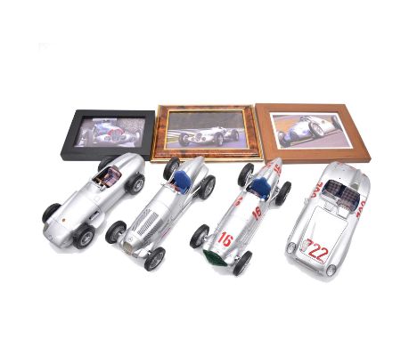 Four Mercedes-Benz metal model race cars, including GMC W125 1937, 1/18 scale; GMC W196; GMC W154 1938, 1/18 scale; Maisto 30