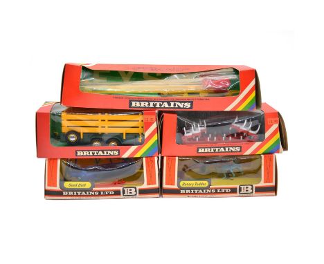 Britains Farm toy models, five including ref 9550 fold-up cultivator; ref 9555 animal trailer; ref 9579 elevator; ref 9539 se