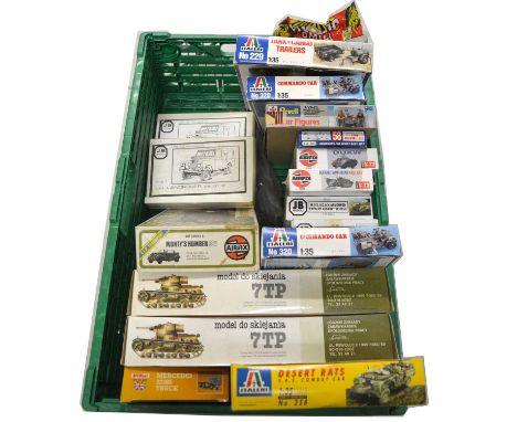 A tray containing fifteen model vehicle and military kits, including Airfix DUKW, 1/72 scale; Keil Kraft Mercedes 2238S truck