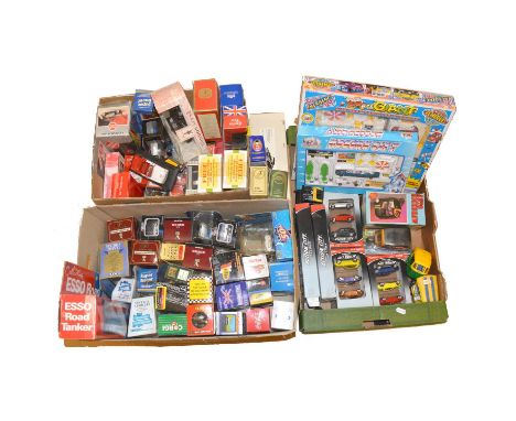 Three boxes of modern die-cast model vehicles, including Corgi, Matchbox, Burago and others, most boxed.Qty: 3 boxes