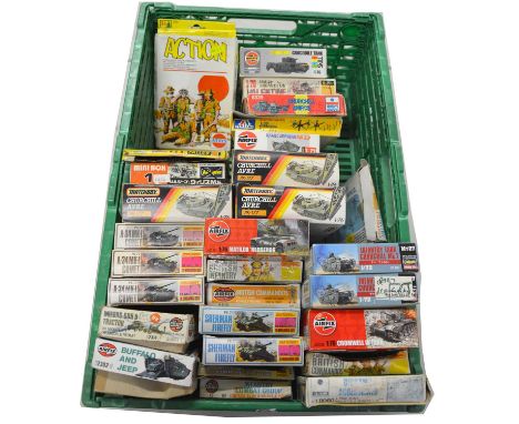 A tray of twenty-nine model military kits, including Airfix Cromwell IV tank, 1/76 scale; Matchbox Churchill SBG bridge assau