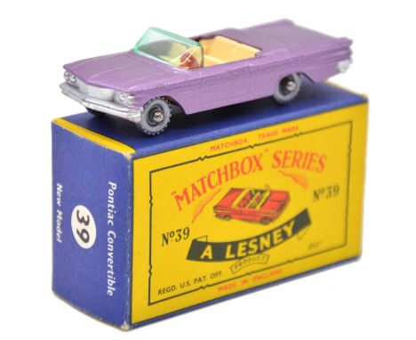 Matchbox Series die-cast model ref no.39 Pontiac Convertible, purple body, silver plastic wheels, boxed. 