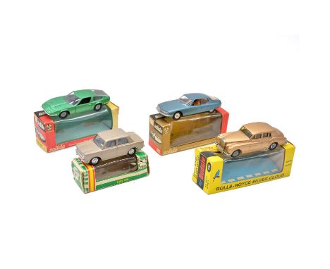 Die-cast model cars, four including Solido no. 185 Maserati 'Indy', green body; no. 184 Citroen SM, blue body; Budgie no. 102