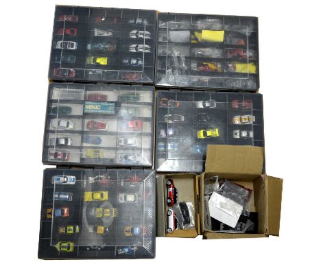 Five trays containing Sixty-five scale model racing cars, including Minic; Micro Scalextric; Tyco; Aurora; and others, as wel