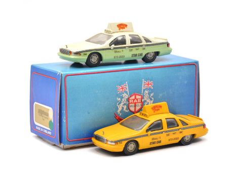 Rae Models 1:43 scale white metal models, two Chevrolet Caprice Star Cab Taxis 'Hawaiian Tropic', one boxed. Qty: 2