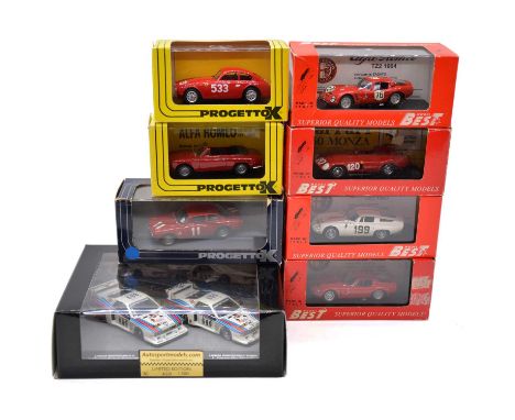 Die-cast 1:43 scale model vehicles, eight including Model Best ref. 200301 Lancia Montecarlo Turbo twin pack, Martini livery 