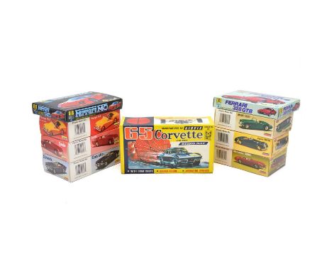 Plastic model car kits, nine including Airfix ref. 721 65' Corvette Sting Ray, with drag chute, 1:25 scale; Lindberg ref. 607