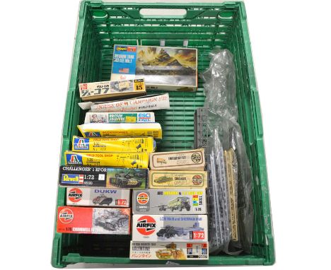 A tray containing fifteen model military kits, including Airfix LCM Mk III and Sherman Mk II, 1/72 scale; Fujimi Valentine, 1