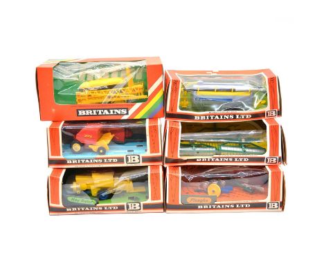 Britains Farm toy models, six including ref 9552 Gang Roller; ref 9556 Hay Baler; ref 9563 Hay Baler; ref 9546 Ploughs; ref 9