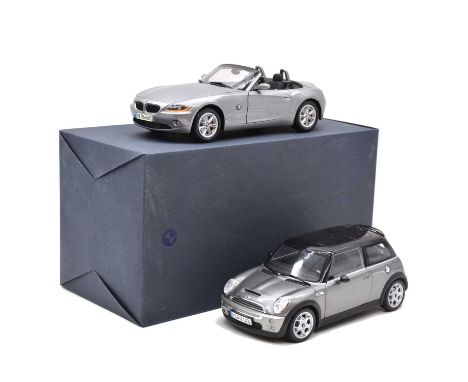 Kyosho 1:18 scale models, two including BMW Z4, boxed; Mini Cooper, unboxed.